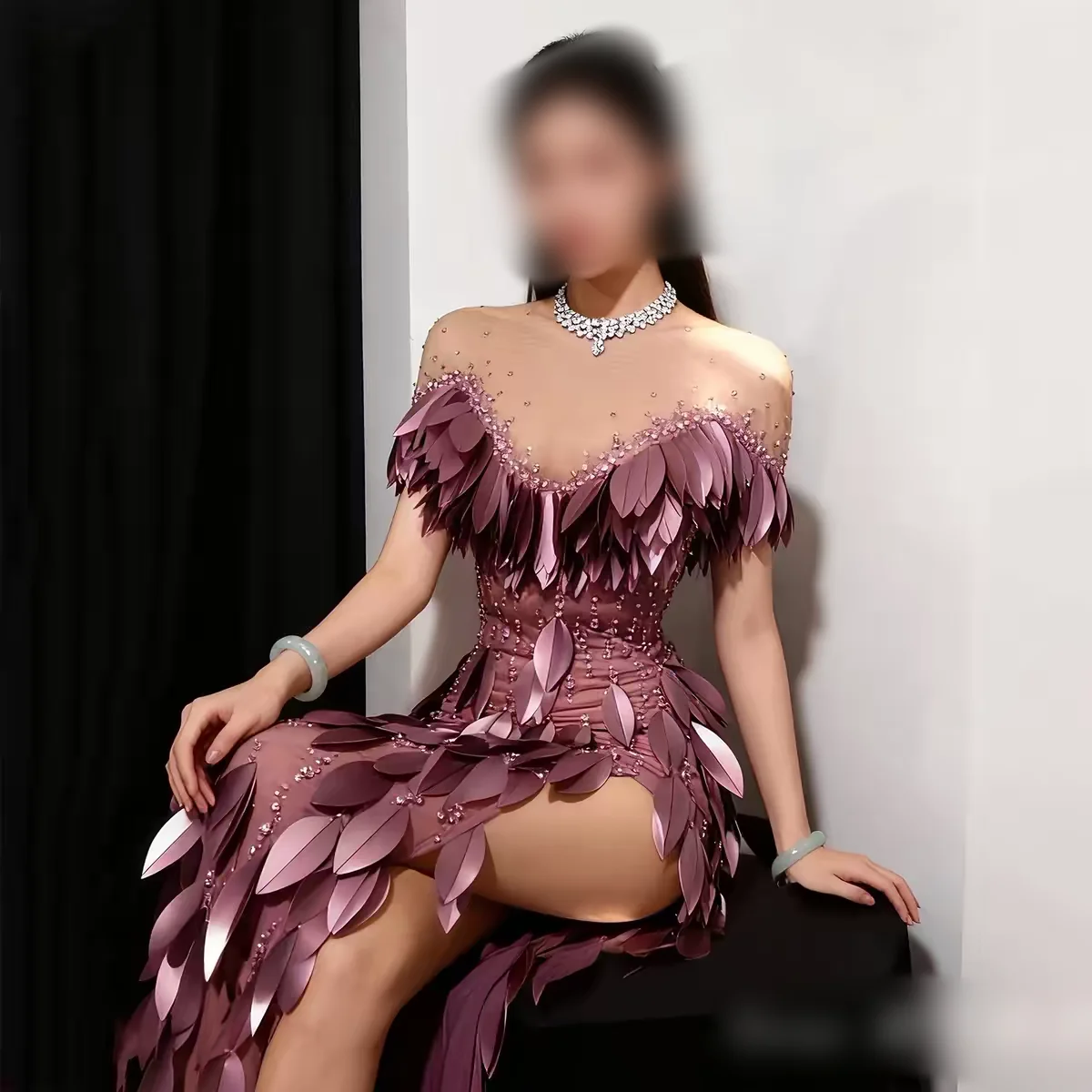 Customized Evening Dress Off Shoulder 3D Gradient Purple Leaf Rhinestone Sheer Mesh High Slit Asymmetrical Train Slim Fit