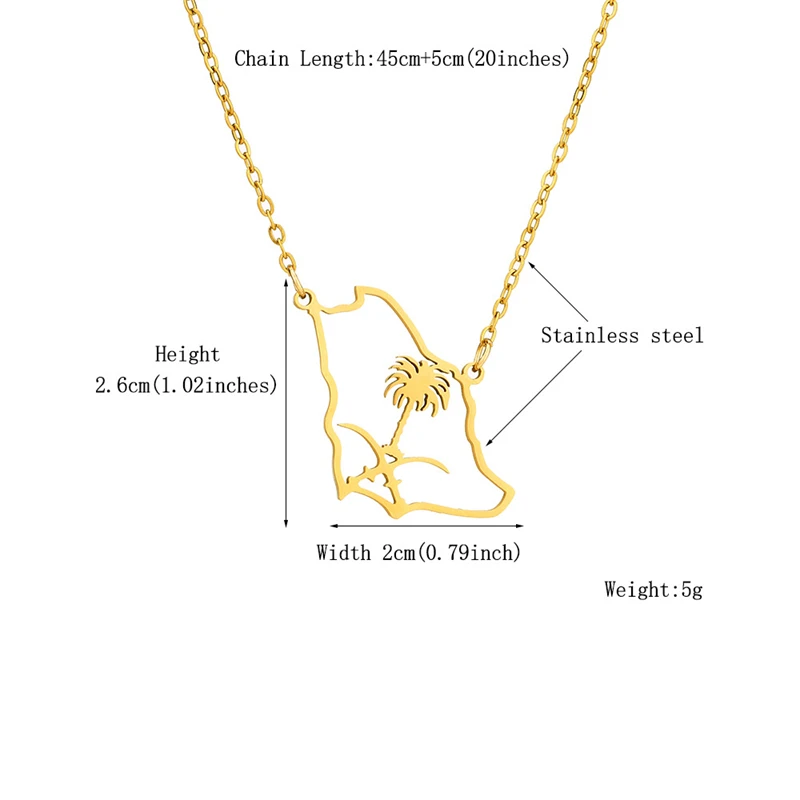 New Saudi Arabia Hollow Map Charm Pendant Necklaces Stainless Steel Gold Color Emblem of Saudi Arabia Symbol Jewelry Women Girls