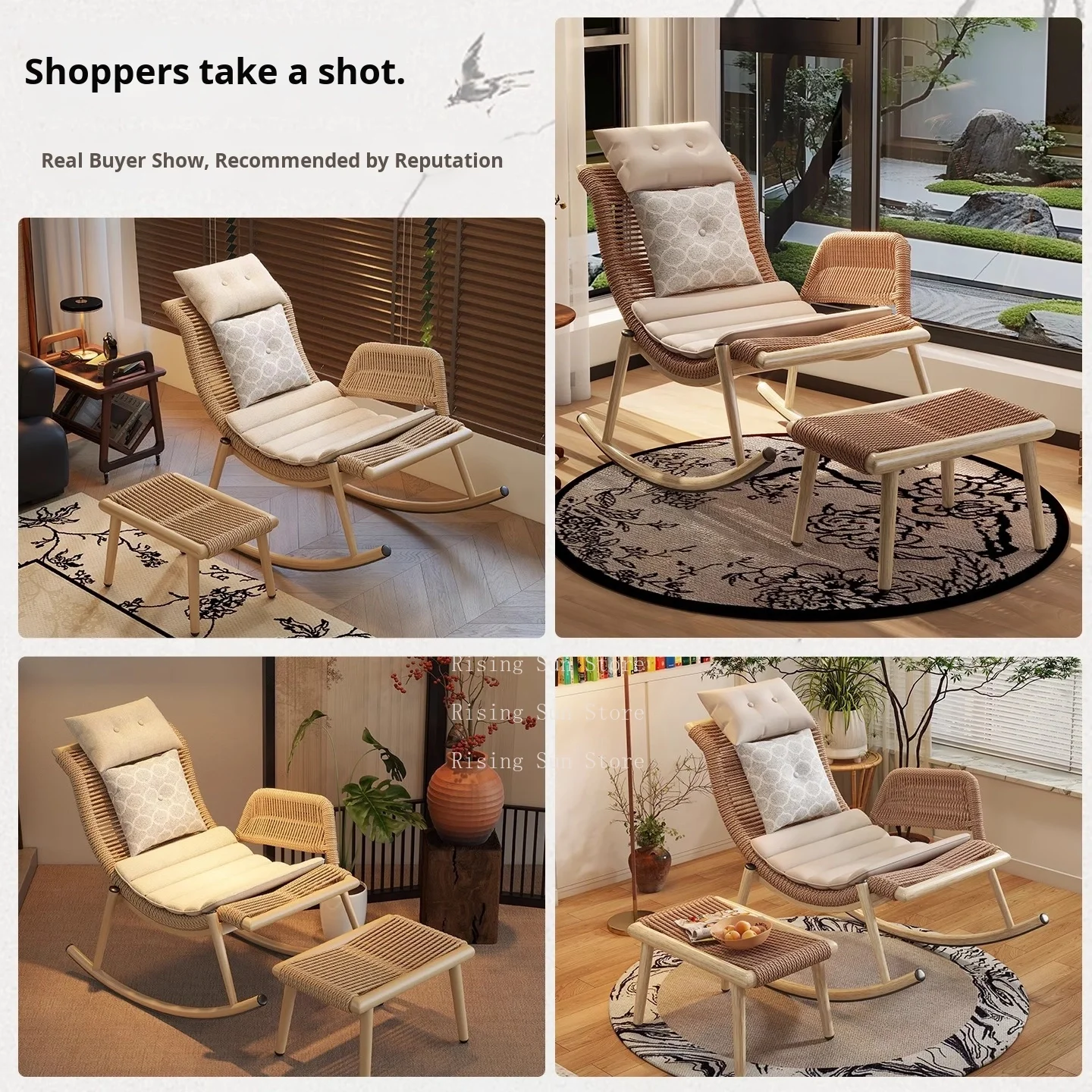 Modern single vintage rattan rocking chair, suitable for adult leisure balconies, courtyards, or living rooms