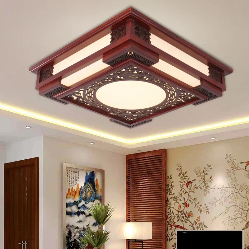 Vintage Chinese Living Room Dining Carving Red Wood LED Ceiling Lamp Home Bedroom Square Acrylic Ceiling Light Fixture AC220V