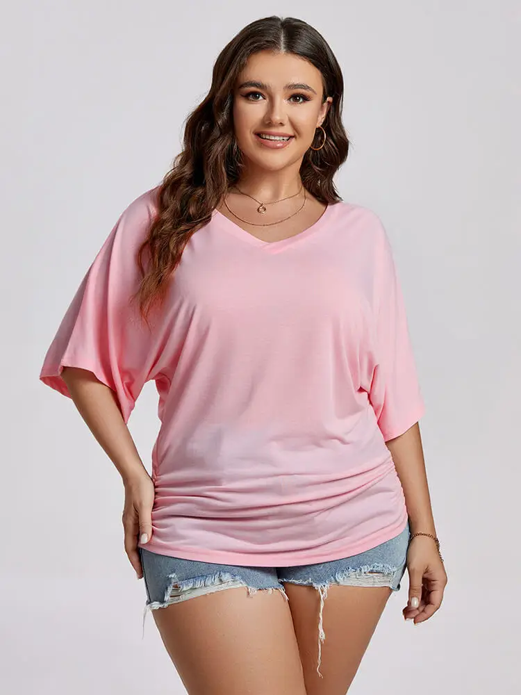 Plus Sized Clothin Fashion Women Ruched Batwing Sleeve V-Neck Short Sleeve Female Tee Slim Fashion Casual Solid Lady Tshirt Tops