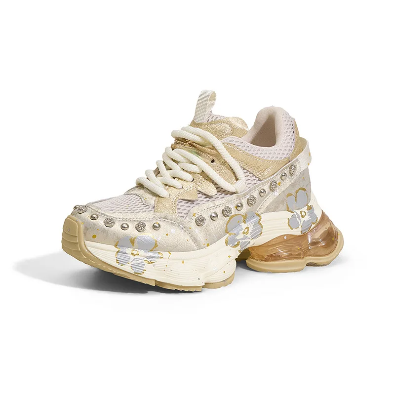 Spring Fashion Heavy Industry Rivets Designer Summer Air Cushion Thick Sole 8.5CM Heightening Dad Shoes Women