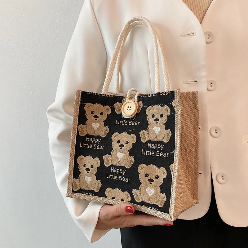 New Linen Handbag Portable Large Capacity Handbag Bear Student Lunch Bag Small Fresh Shoulder Handbag
