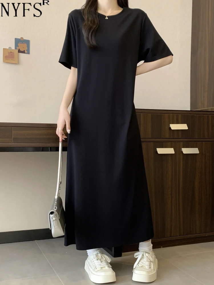 

NYFS 2024 Summer New Korea Woman Dress Vestidos Robe Elbise Loose Plus Size Short Sleeve O-neck Solid Long Dresses