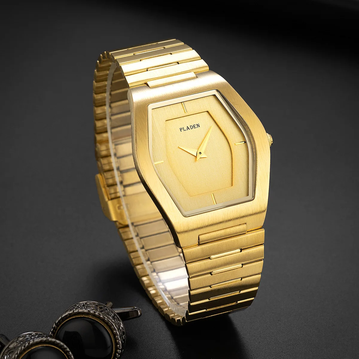 Luxury Brand Men's Watch Classic Wine Barrel Style Simple Two Pointer Design Gold Stainless Steel Quartz Waterproof Men's Watch