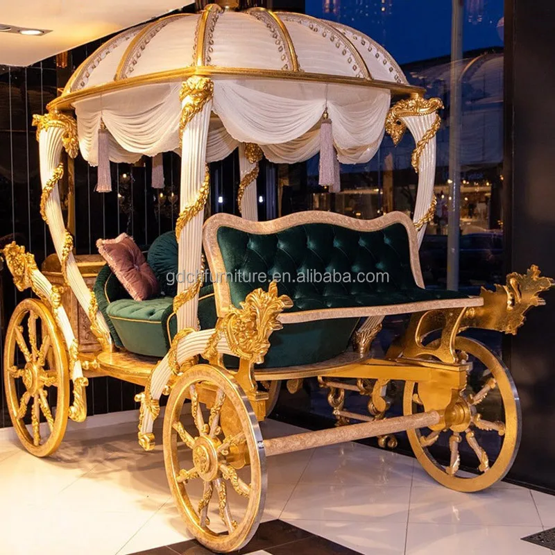 Pumpkin Car Hand Carved Traditional European Luxury Children Canopy Bed Ivory Golden Princess Girl Solid Wood Birch