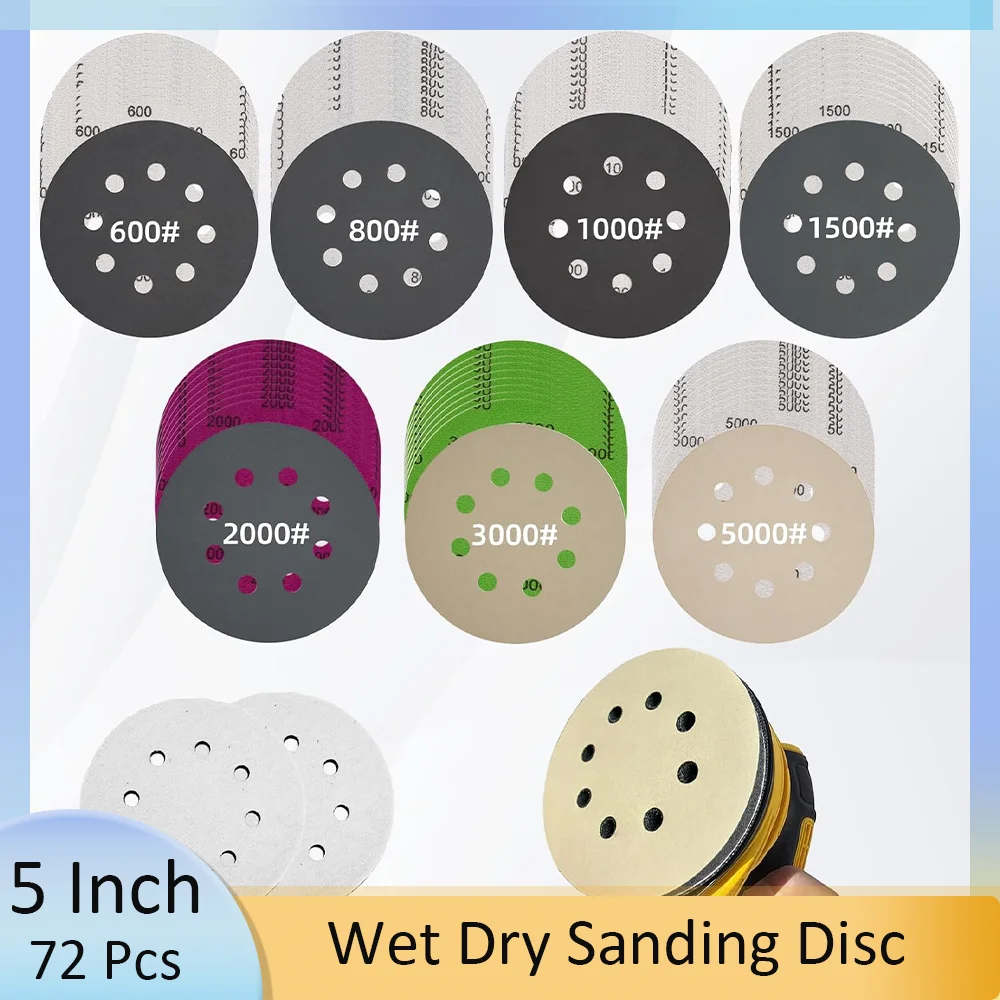 5 Inch 8 Hole Wet and Dry Sanding Discs Set 72 PCS with Interface Pads for Random Orbital Sander 600- 5000 Grits for Grinding