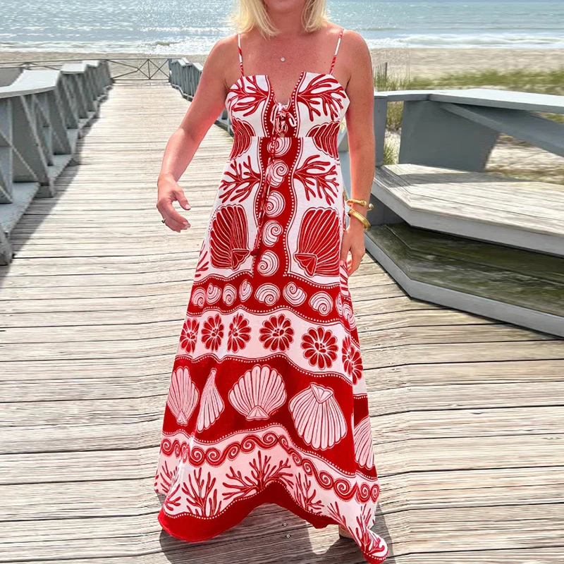 

Женское праздничное пляжное платье-трапеция, длинное Привлекательное платье с открытыми плечами, высокой талией и V-образным вырезом, летнее платье на бретелях-спагетти с принтом