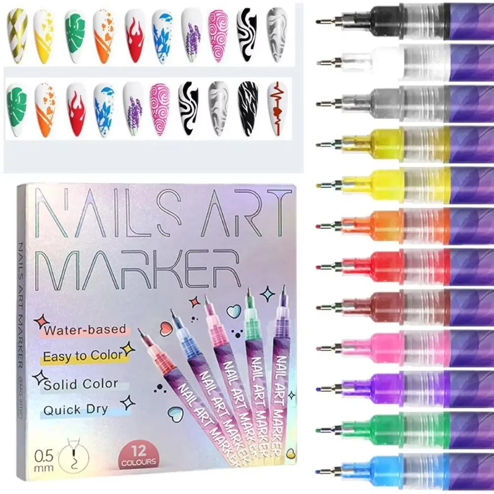 12 Colors 3D Nail Art Pens DIY Set Waterproof 0.5/0.7 MM Tip Nail Art Graffiti Pen Quick-Drying 3D Effect Lines Doodle Pen