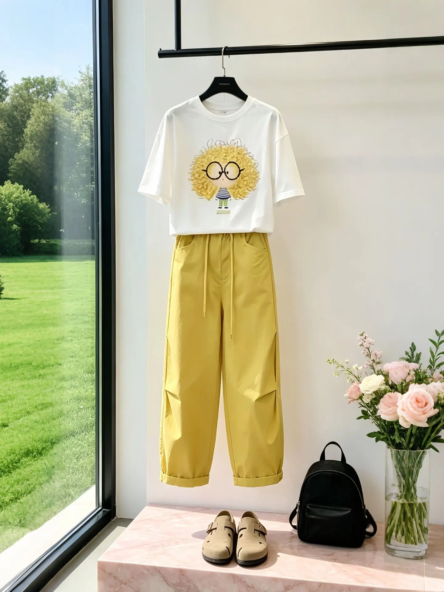 

Summer New Women's Fashion Set Casual Short Sleeve T-Shirt High Waist Loose Pants Comfortable Breathable round Neck Workwear