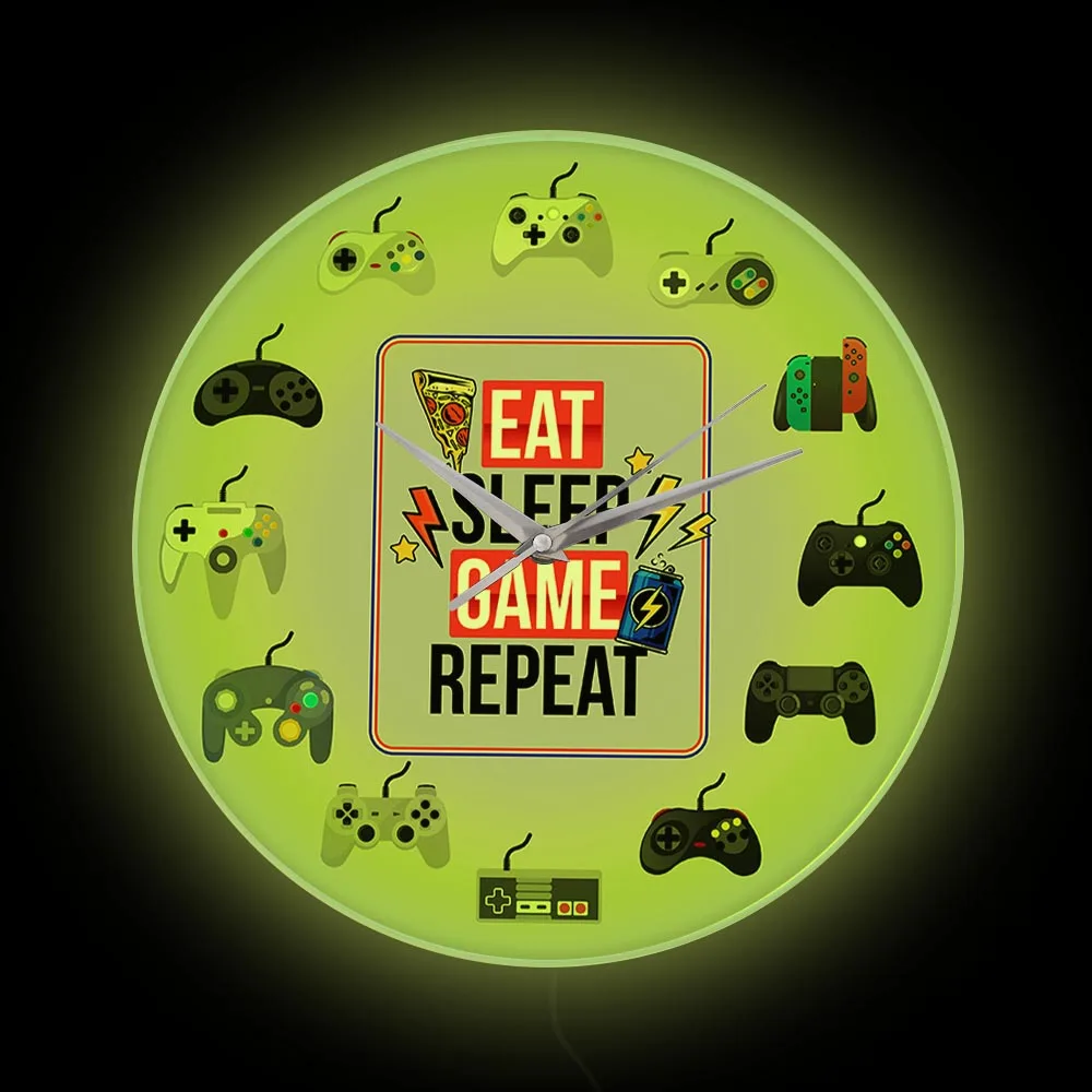 Eat Sleep Game Repeat Trilogy Wall Clock With LED Backlight For Play Room Gamer Home Decor Gamepad Controllers Night Light Clock