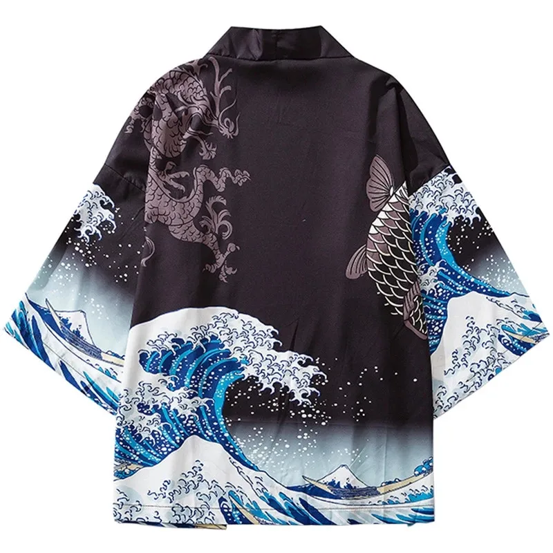 Black Kimono Cardigan Women Men Japanese Obi Male Yukata Boys Haori Japanese Wave Carp Print Coat Traditional Japan Clothing