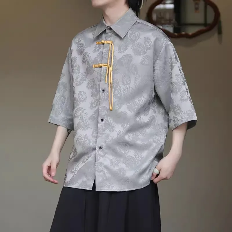 2024 Men Chinese Style Shirt Mens Tang Dress Hanfu Half-Sleeve Shirt Male Printing Kung Fu Outfit Loose Casual Tops