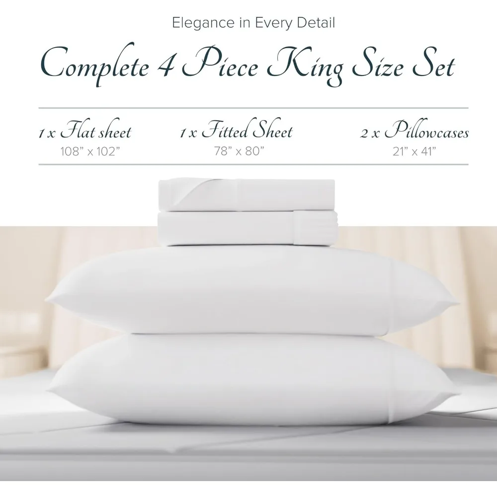 مجموعة ملاءات كاريسا كتان 100% من القطن المصري مقاس كينج - صفائح قطنية مصرية فاخرة عدد 1500 خيط مقاس كينج (4 قطع، أبيض #3