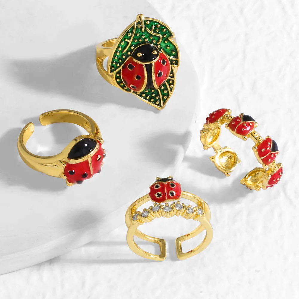 OCESRIO Red Enamel Ladybug Statement Women Rings Copper Gold Plated Crystal Leaves Open Ring Women Fashion Jewelry rigj07