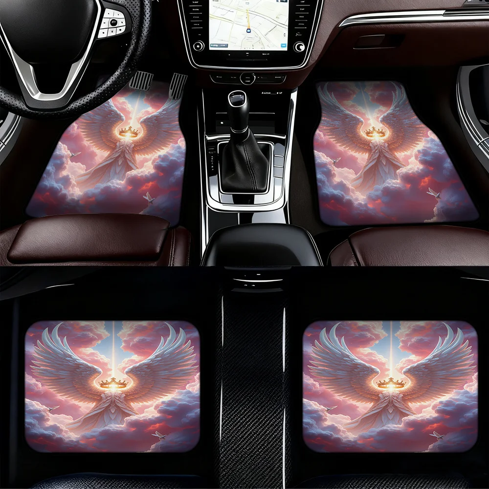 4pcs Vehicle Floor Mats Showcasing Heavenly Wings Crown Pattern, Compatible With Sedans Or Crossovers, Providing Cleaning-Friend