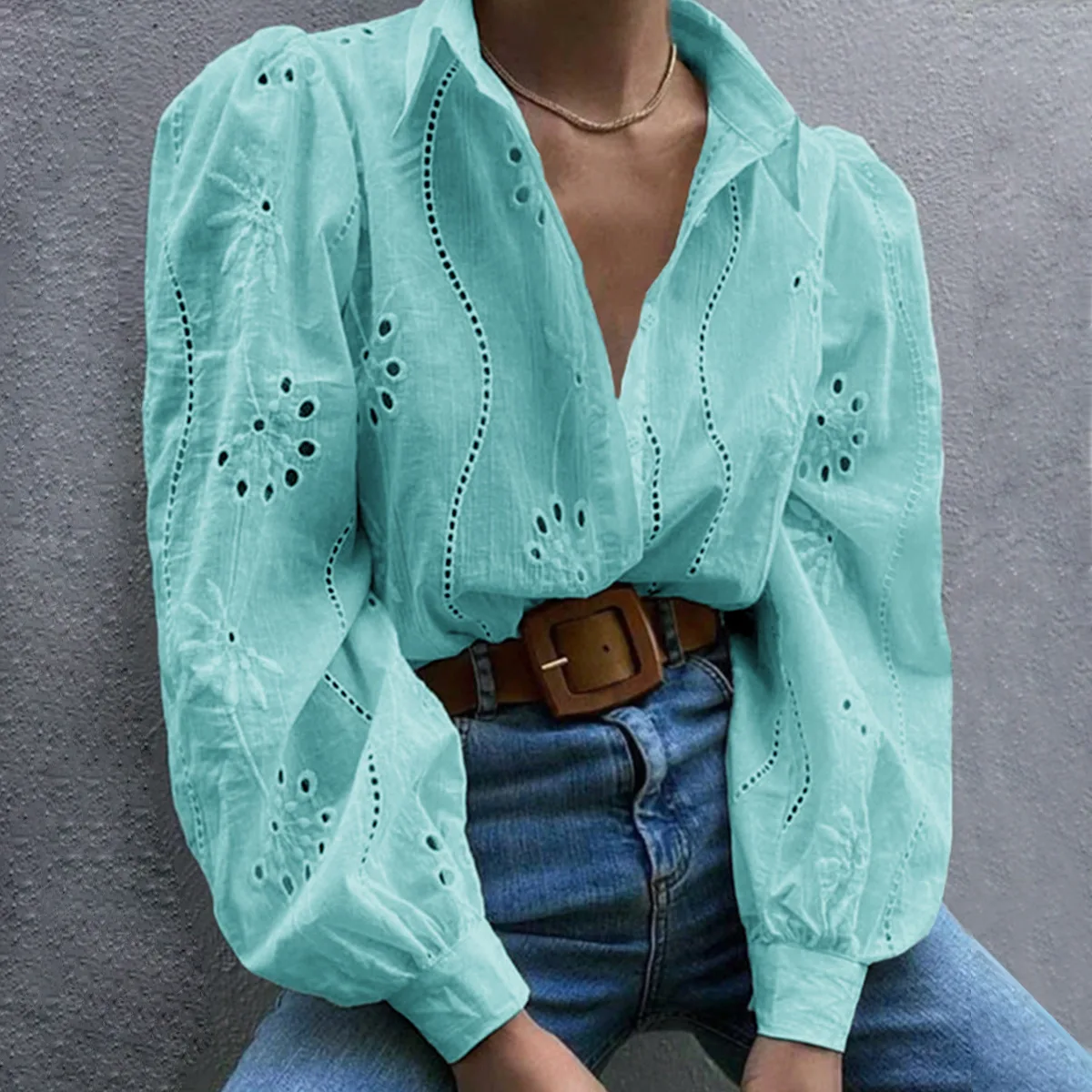 2025 European and American Casual Loose Fashionable Cut Out Puff Sleeve Cardigan Top for Women