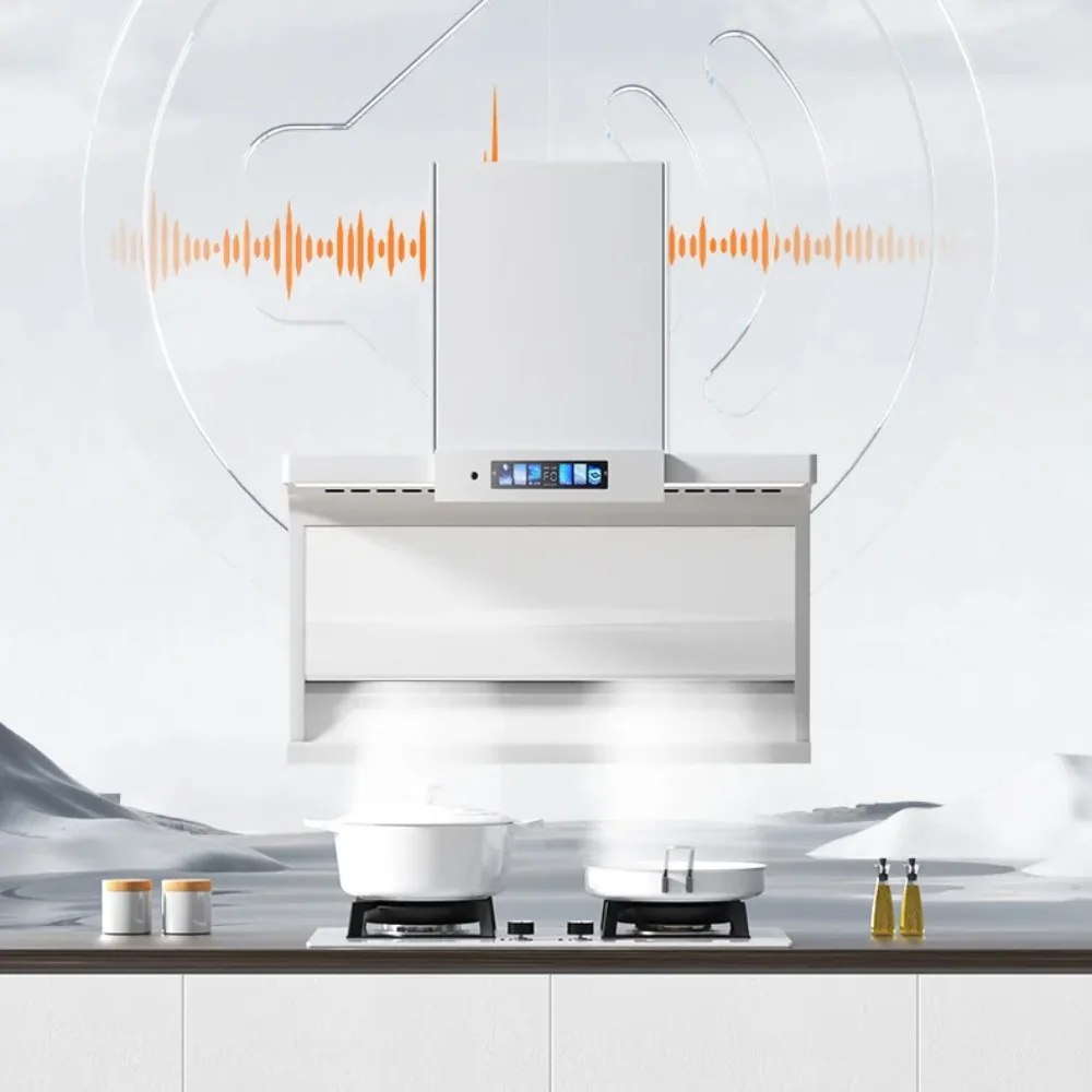 White Smart 7-Shaped Range Hood High Suction Power Top Side Double Suction Cooker Hood Automatic Cleaning Waving Start Stop image 4