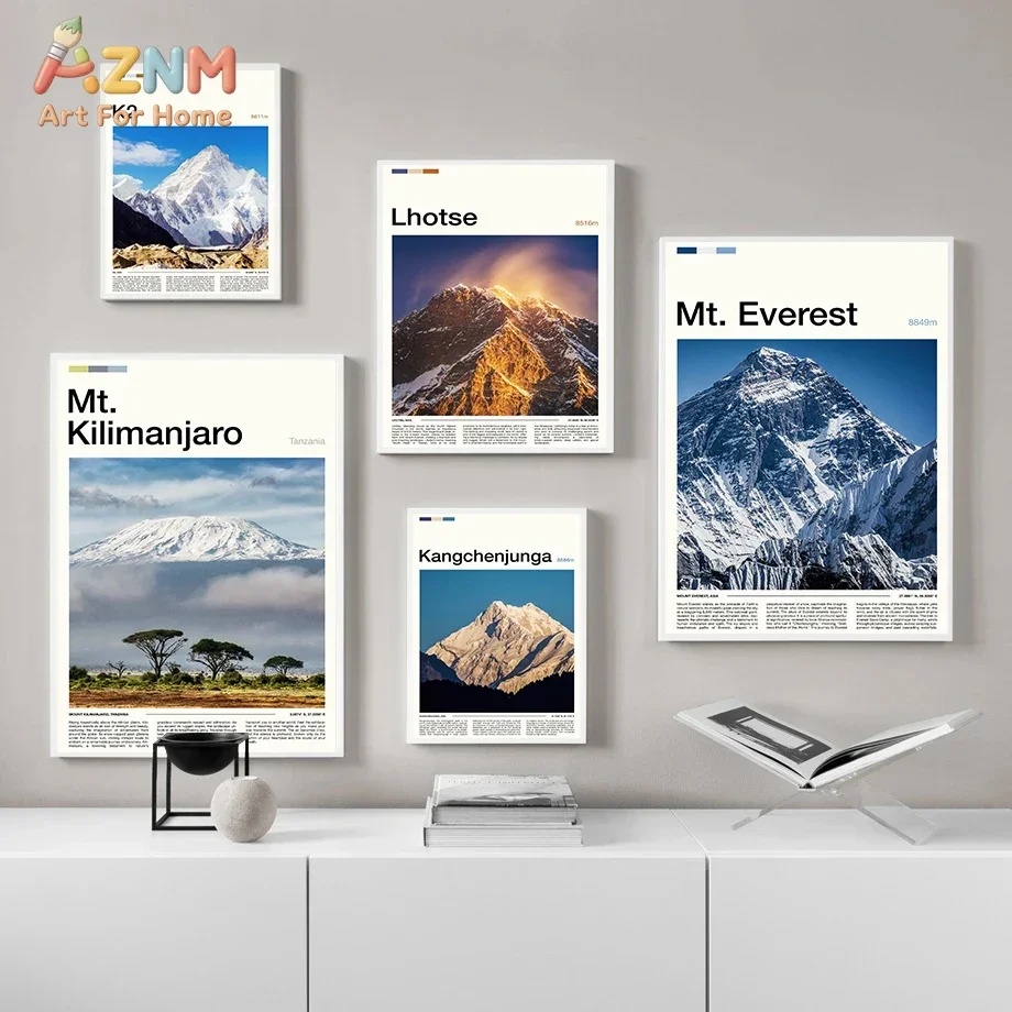 AZNM Modern Famous Mountain Canvas Print, Frameless Everest Makalu Mountain Peak Wall Poster, Minimalist Alpine Scenery Artwork