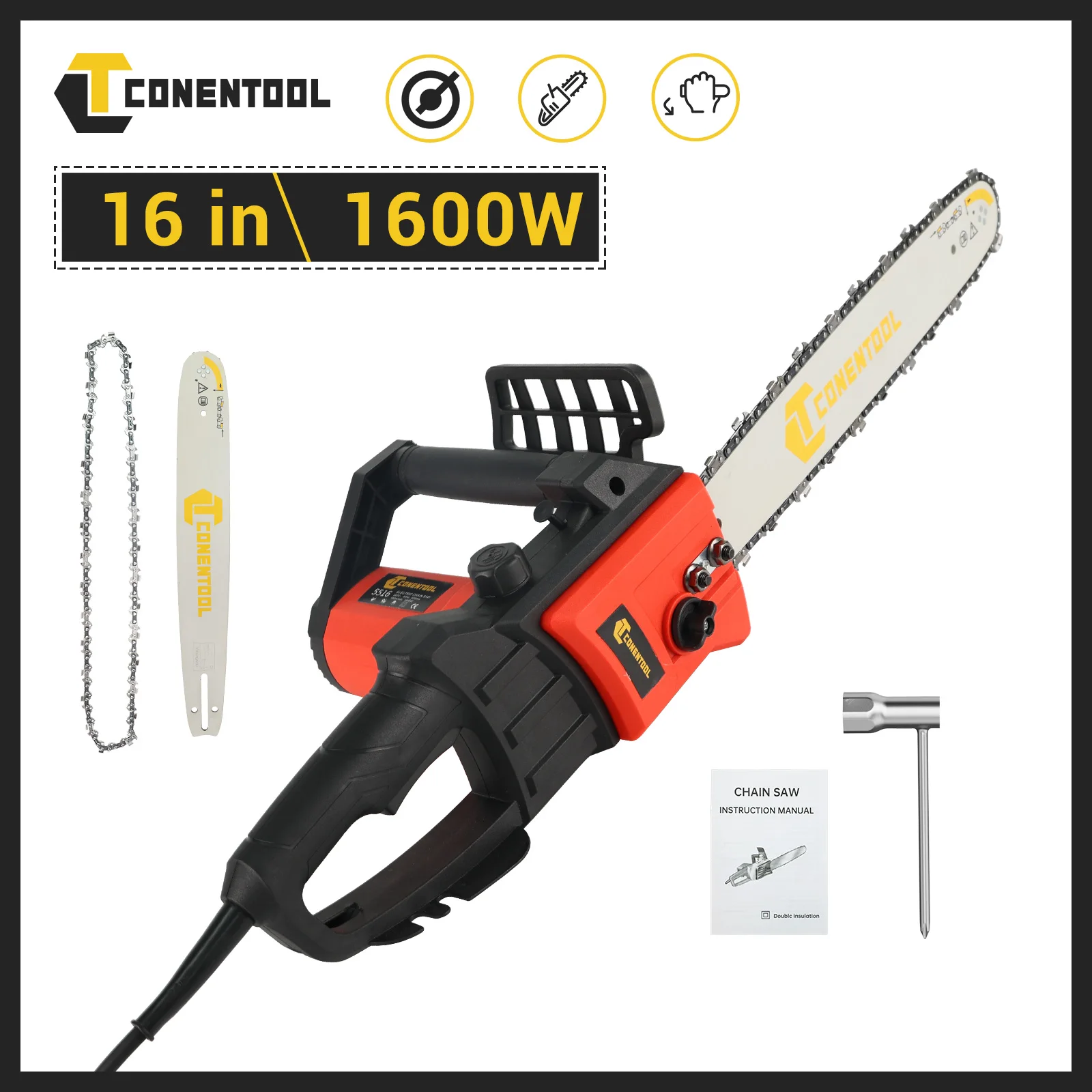 CONENTOOL Electric Chainsaw 16 Inch, 1600W Corded Chain Saw, All Copper Motor High Power Handheld Wood Cutting Pruning Tool Set