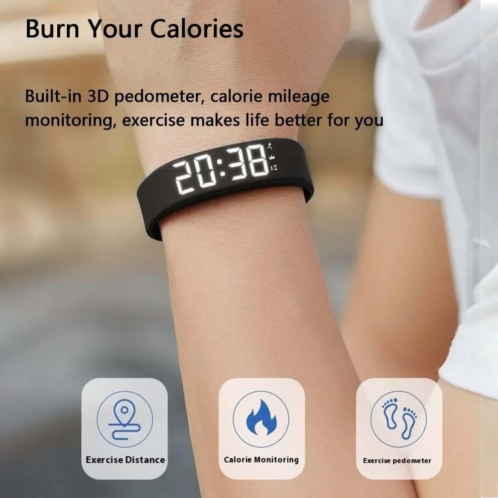 LED Digital Alarm Clock Watch Adjustable Snooze-proof Alarm Bracelet Waterproof with Running Pedometer Vibrating Alarm