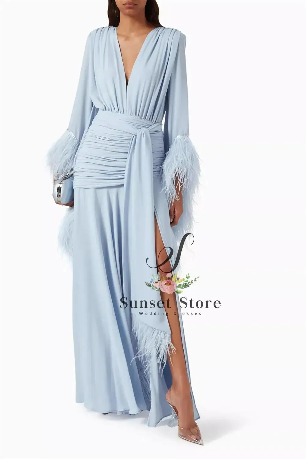 Customized Evening Dress V-Neck Feather Long Sleeves Elegant Evening Gowns Cascading Chiffon Ruffle Party Dresses image 4