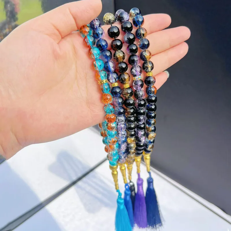 New 10mm Tasbih Rosary Beads Muslim Tassel Colorful Exploded Glass Rosary Bracelet 33 Rosary Beads Bracelet Eid Gift