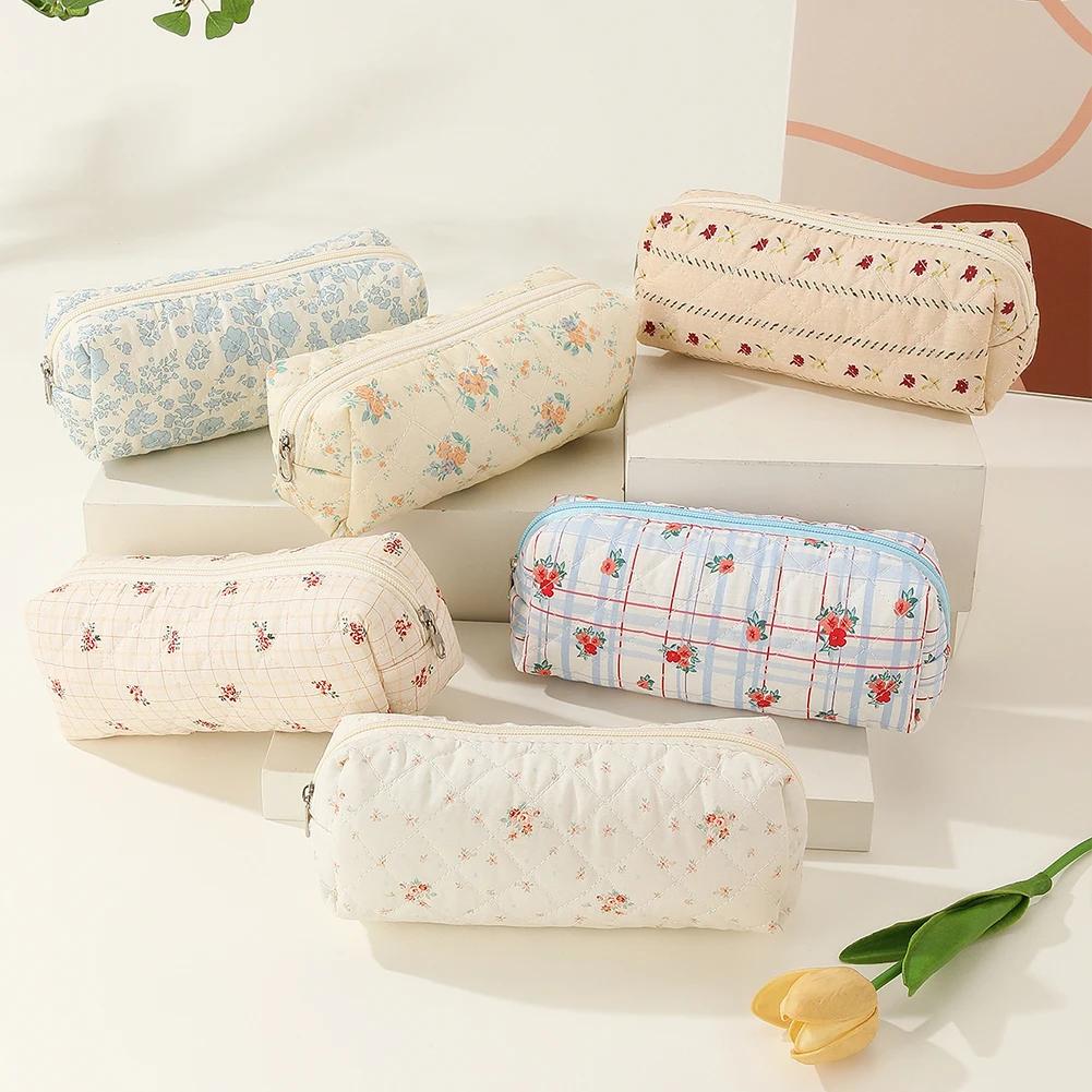 3Pcs/Set Quilted Cotton Makeup Bag Women Zipper Cosmetic Organizer Female Cloth Storage Handbag Travel Organizer Zipper Bag