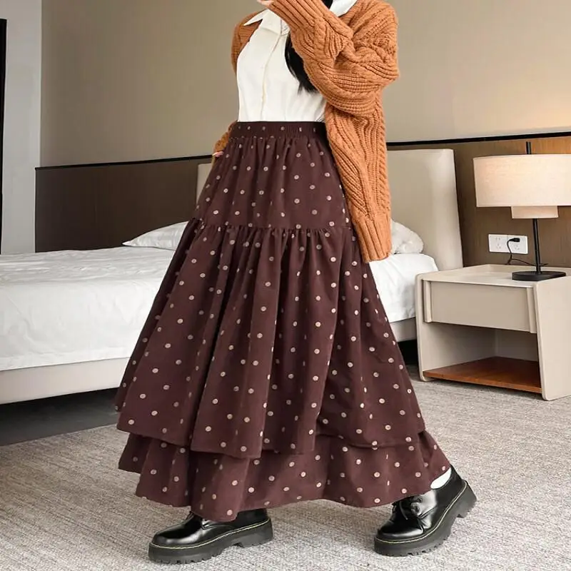Semi Rok Vrouwen Herfst Winter Nieuwe Taart Rok Hoge Taille Dubbellaags Slanke Retro Bloemen Pluche Voel Grote Zoom Midi Rok Schattig