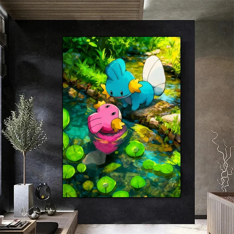 Peinture sur toile de dessin animé Pokémon Mudkip, naturel vif, ensemble d'art mural de scène pour la décoration de la maison, cadeau délicieux pour les fans de Pokémon