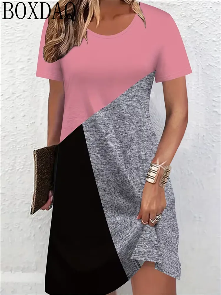 Women's new casual geometric print design round neck short sleeved loose fitting A-line summer dress