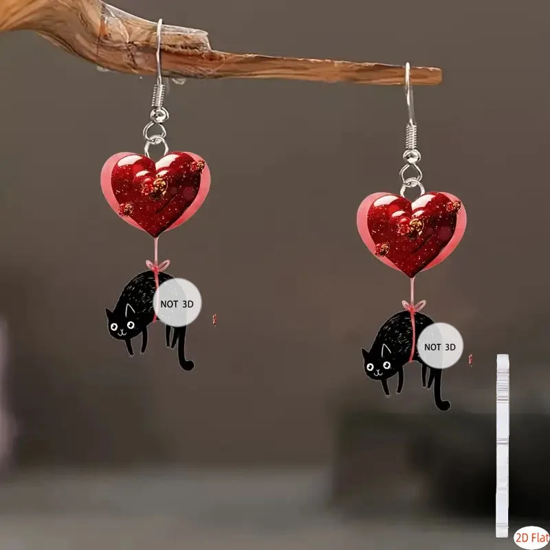 Cross-Border Valentine's Day Balloon & Kitten 2D Flat Acrylic Earrings - Fashionable, Romantic & Cute Animal Ear Jewelry