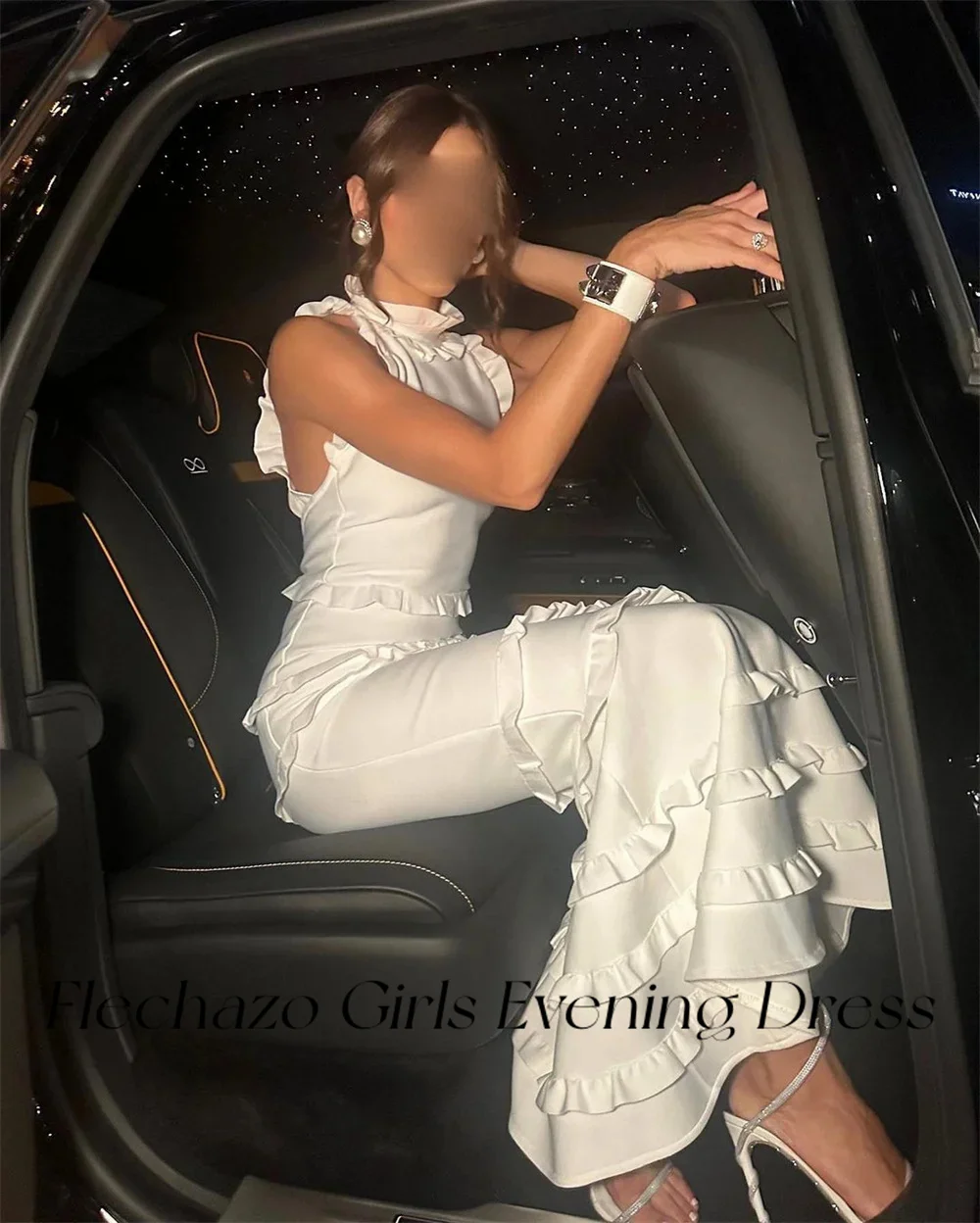 Flechazo White Evening Dresses High Neck Sleeveless Tiered Ruffles Ankle-length Party Simple Dress For Women 2024 robe de soiree