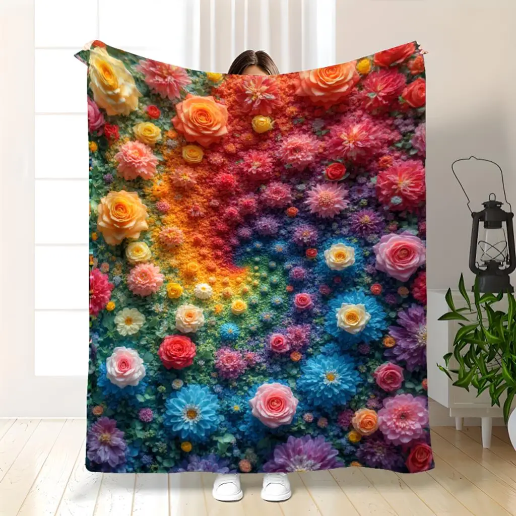 Rainbow Flower Blanket Colorful Rose And Daisy Pattern Soft Fleece Throw Cozy Home Decor Gift For Spring And Nature Lovers