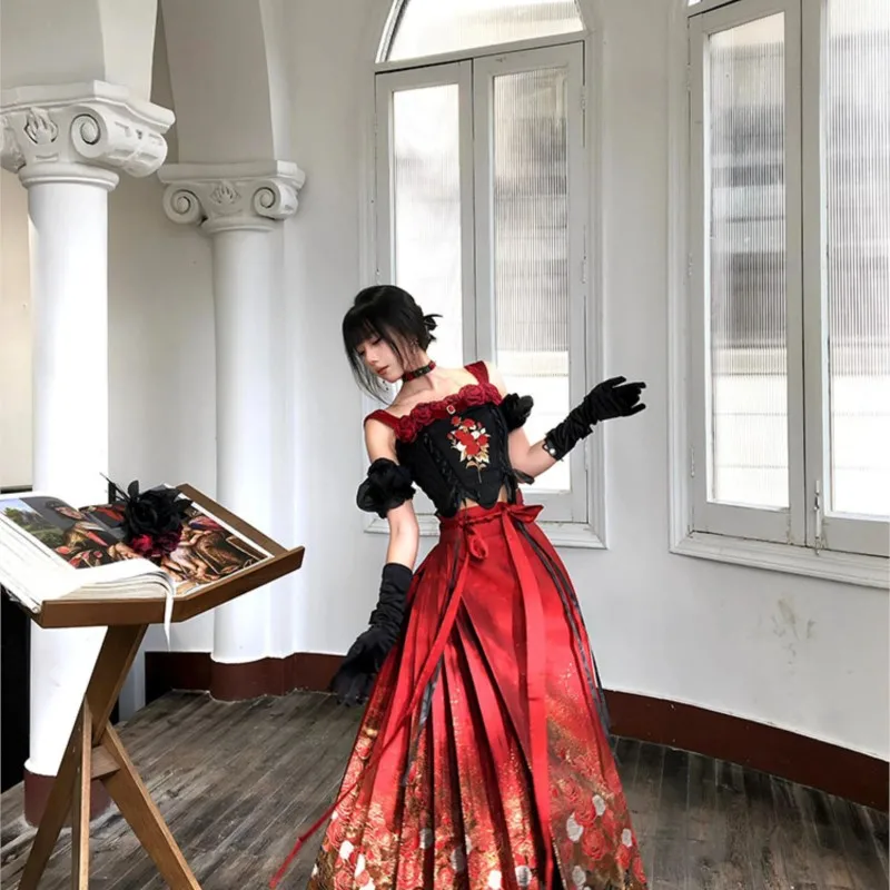 

New Chinese embroidery retro black red rose dress fashion style top skirt two-piece set