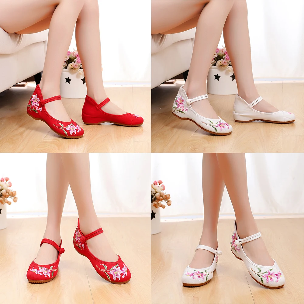 Classic Comfortable Lily Flower Embroidered Shoes Single Shoes Women Flat Heel Shoes Work Shoes Low Heel Shallow Mouth Shoes