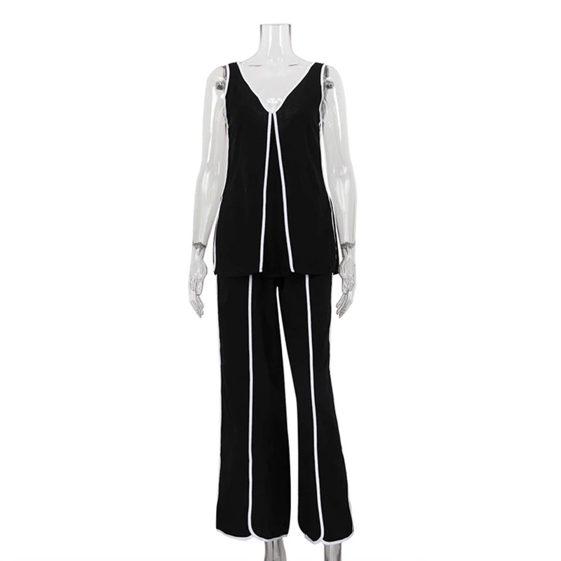 Tornova Fashion V neck Contrast Vest Suit Female New Sleeveless Top Casual Long Pant Two Piece Sets Loose Lady Elegant Commuting