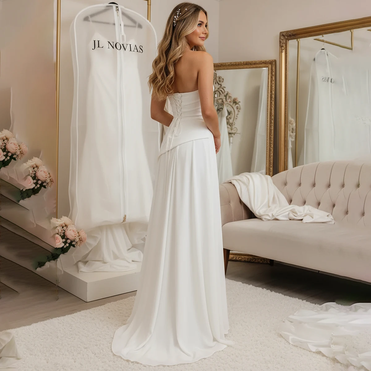 ロマンチックなシフォンストラップレスシースウェディングドレススリット付きマーメイドロングブライダルパーティードレススクラフ付きベスティドスノビア