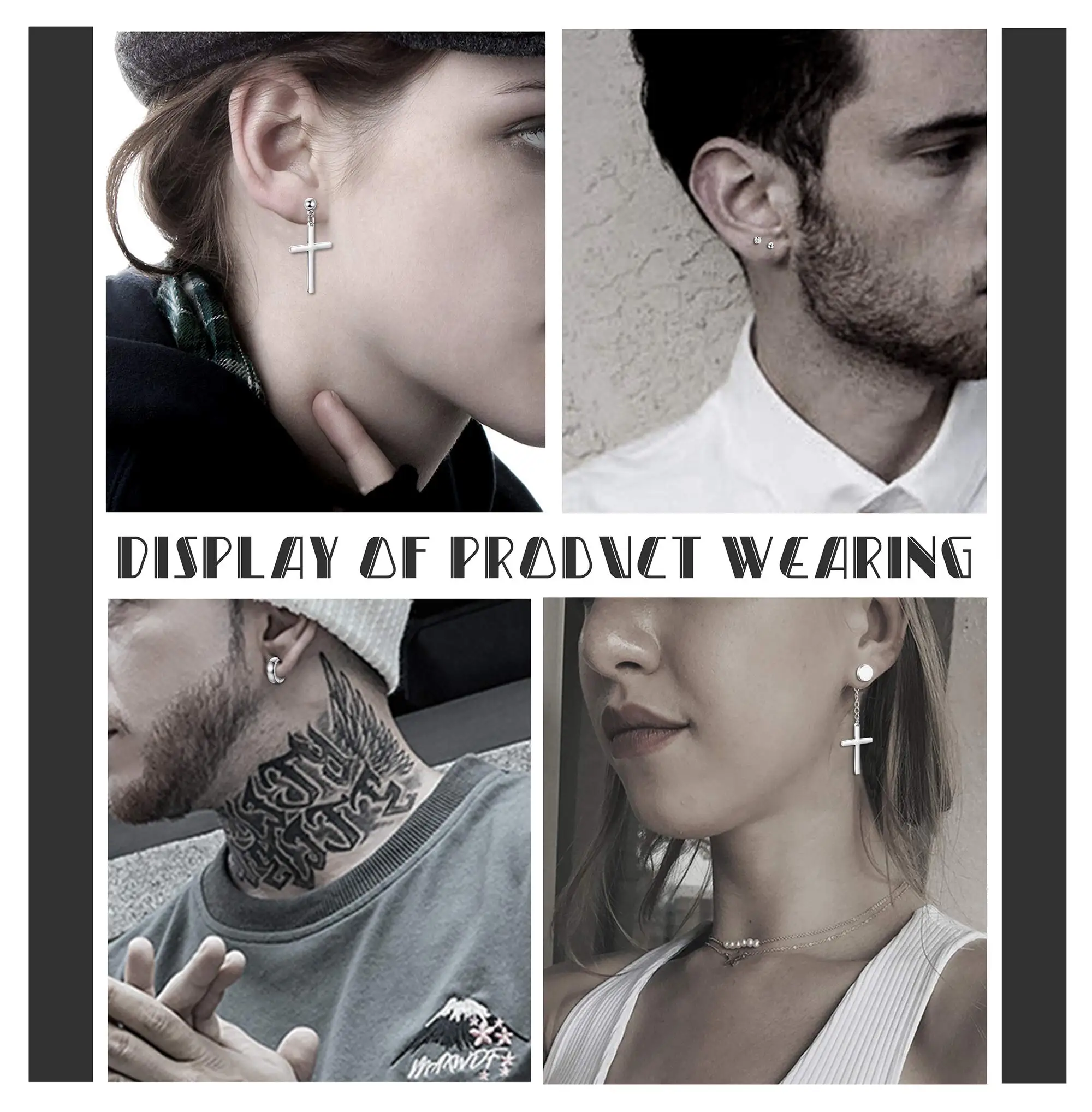 1〜14ペアのステンレス鋼の小さなイヤリング,男性用のフード付きイヤリング,クロスデザイン,ヒンジ付きイヤリングのセット,シルバー