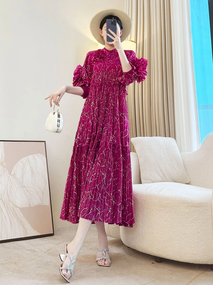 

Платье с принтом Miyake, плиссированная свободная и тонкая юбка для матери, синие длинные платья высокого класса, женская одежда, новинка осени 2023 г.