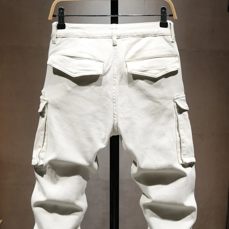 Street Designer Fashion Men Jeans Beige White Stretch Slim Fit Multi Pockets Denim Cargo Pants Homme Spliced Hip Hop Biker Jeans