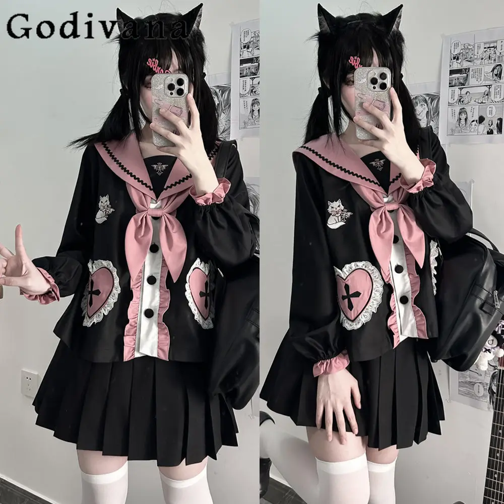 

Original Design JK Sailor Uniform Suit Women's Cute Sweet Girls Pink Black Long-sleeved Top and Skirt Sets Spring and Summer