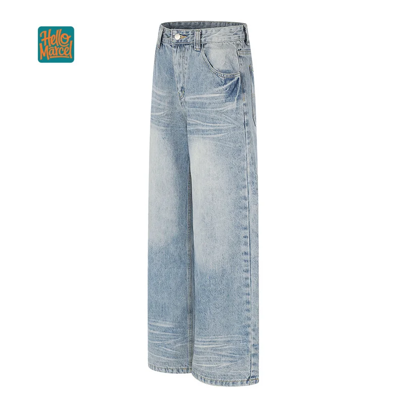 HELLOMARCEL EU US Size Luxury Quality Jean Pants Street Wear Autumn Washed Wrinkle Straight-Leg Wide Jeans With Frayed Edges
