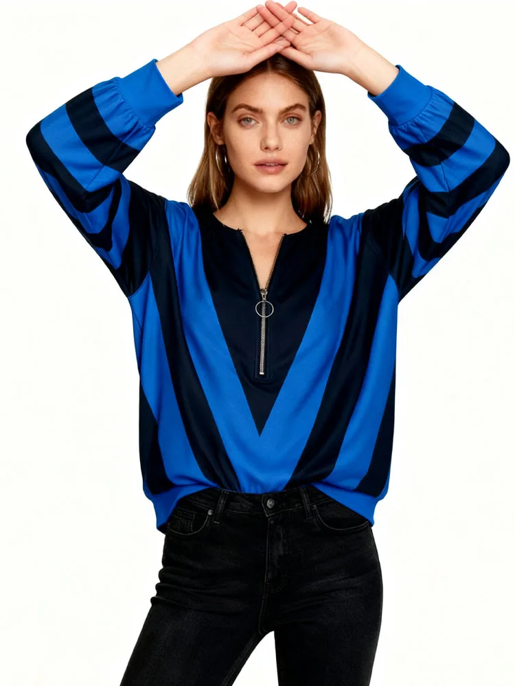 الشارع حجم كبير أزرق أسود اللون كتلة طباعة كبيرة على شكل حرف V نمط متماسكة الجزء العلوي الأمامي نصف البريدي فضفاضة المناسب البلوز التخليص #2