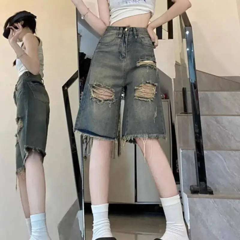 

Denim Shorts for Women Summer Street New Loose Wide Leg Middle Pants Broken Hole Tassel Denim Straight Breasted Jeans