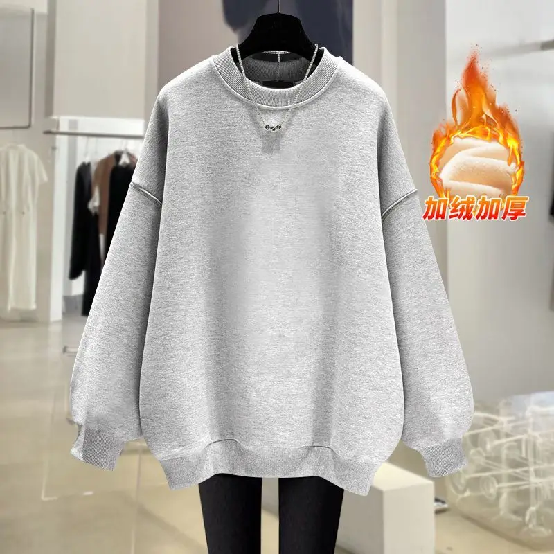 Korean Trend Woman Velvet Sweatshirts Casual High Street Unisex Oversize Style Crewneck Hoodies Fleece Warm Pullover Sportswear