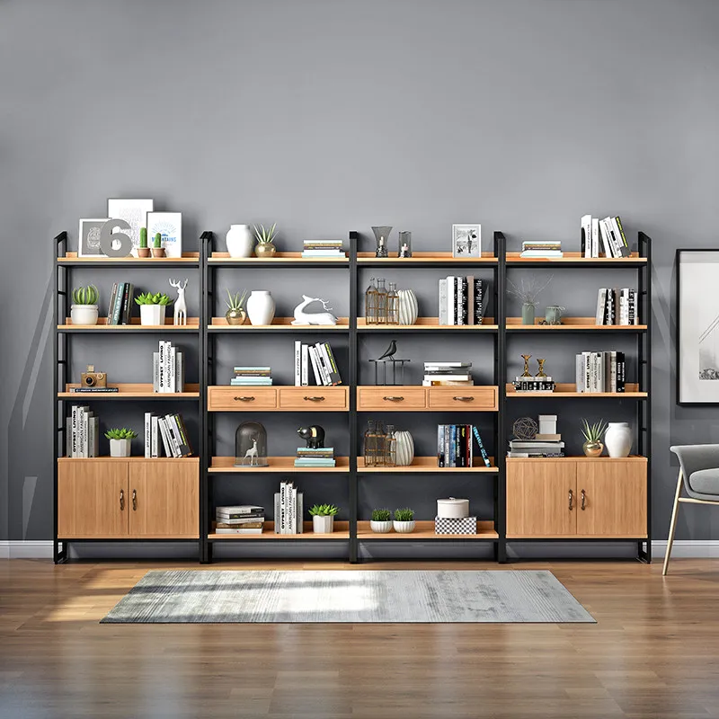 

Solid wood simple bookcase bookshelf shelf wrought iron American retro floor bookcase storage living room baffle display rack