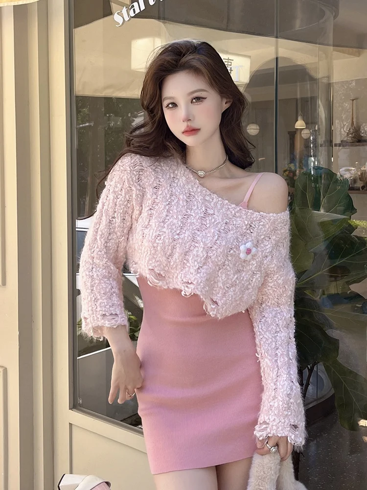 

Комплект из трикотажного свитера и юбки ISNI Store для женщин, облегающий крой, с перекидным верхом, осенне-зимний модный костюм-двойка