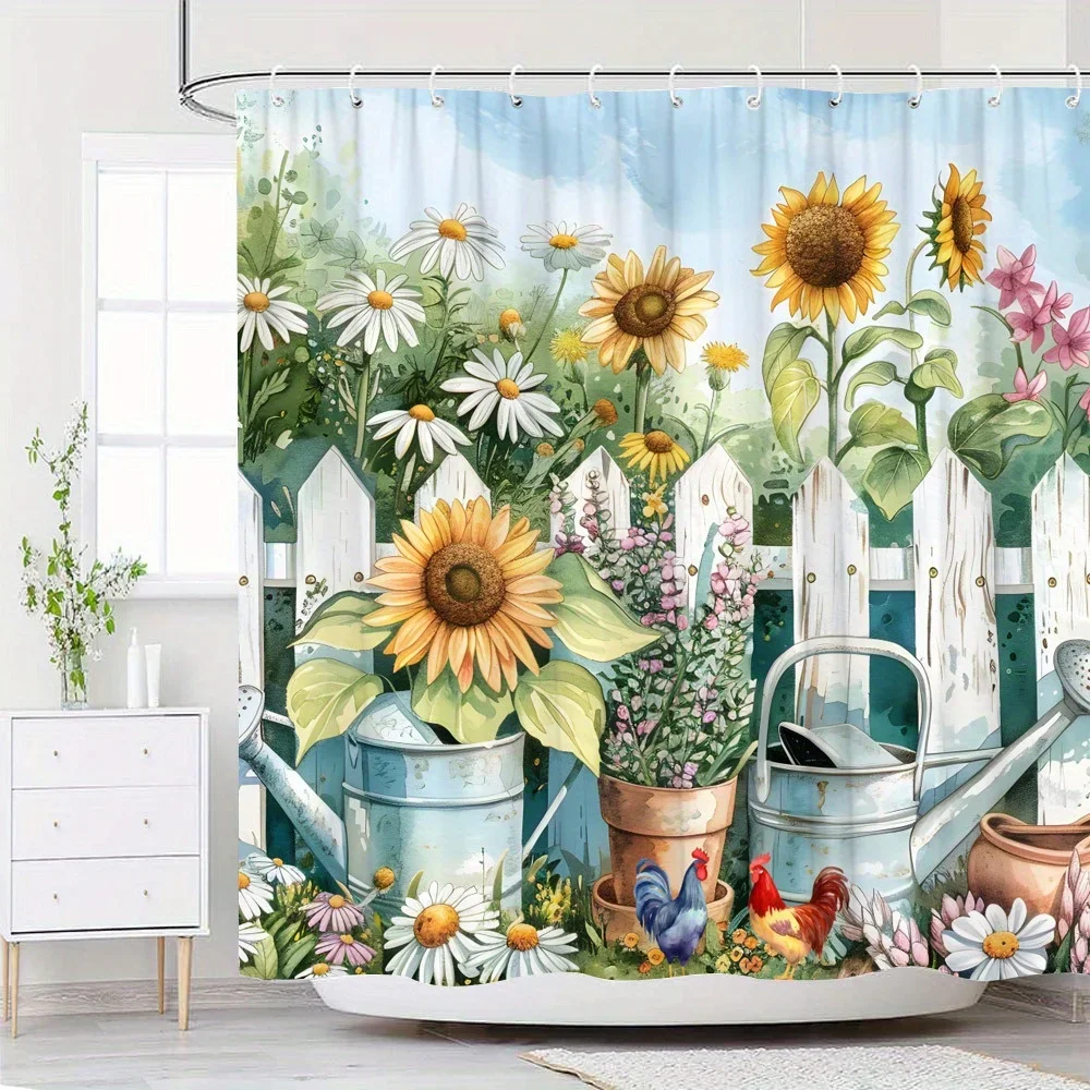 ~O~1pc Whimsical Garden Shower Curtain - Blue Watering Cans, Bird, Rooster, Flowers, Rustic Fence, Polyester, Washable, All-Seas