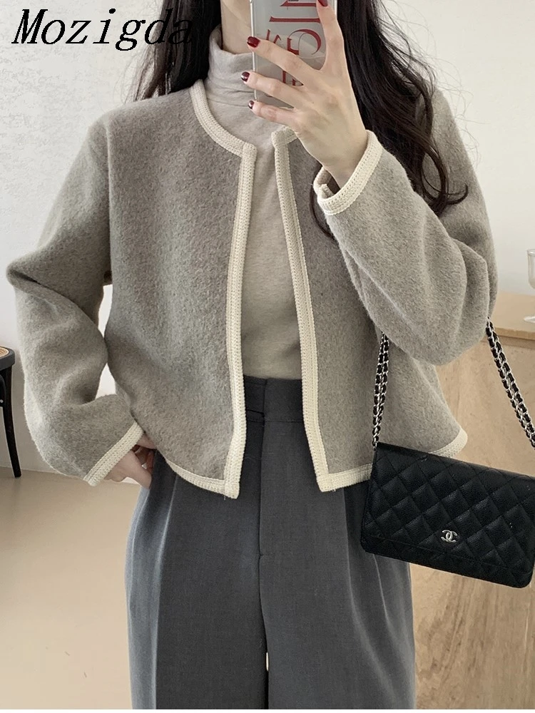 

Autumn Winter Cardigan Jacket Women Fashion Korean Round Neck Contrasting Color Edging Loose Versatile Short Woolen Ladies Coats